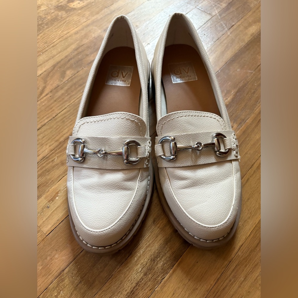 DV by Dolce Vita Cream Leather Loafers with Horsebit Detail